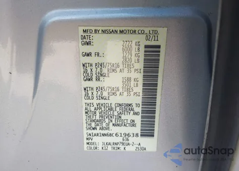 2011 Nissan Pathfinder S z USA, uszkodzony, nr VIN 5N1AR1NN6BC619638